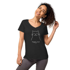 Women’s fitted v-neck t-shirt, “Happy Cat”