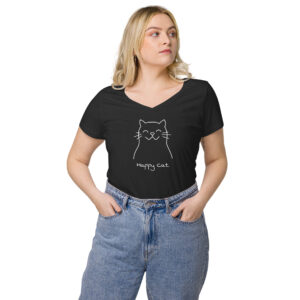 Women’s fitted v-neck t-shirt, “Happy Cat”