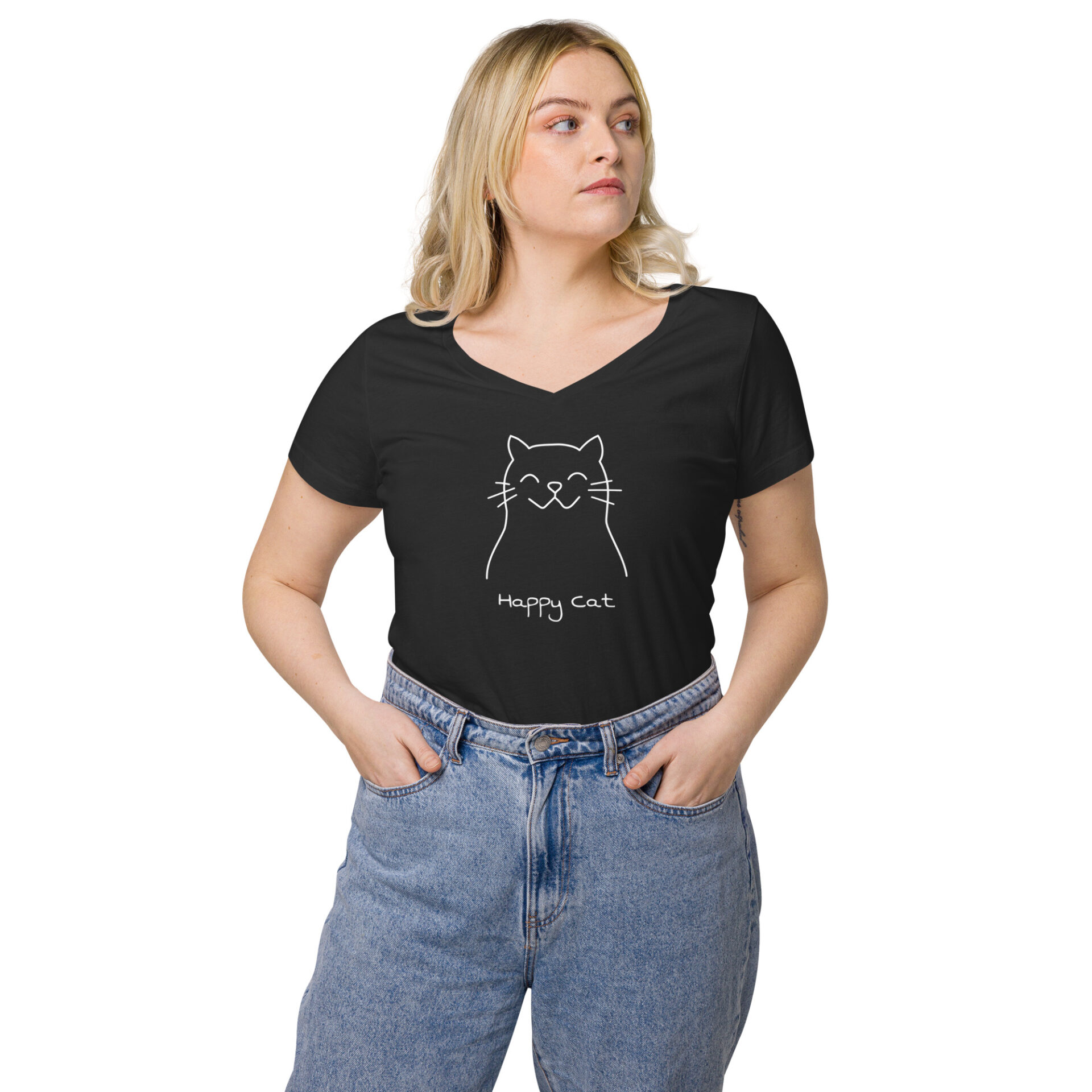 Women’s fitted v-neck t-shirt, “Happy Cat”