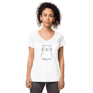 Women’s fitted v-neck t-shirt, “Happy Cat” (white)